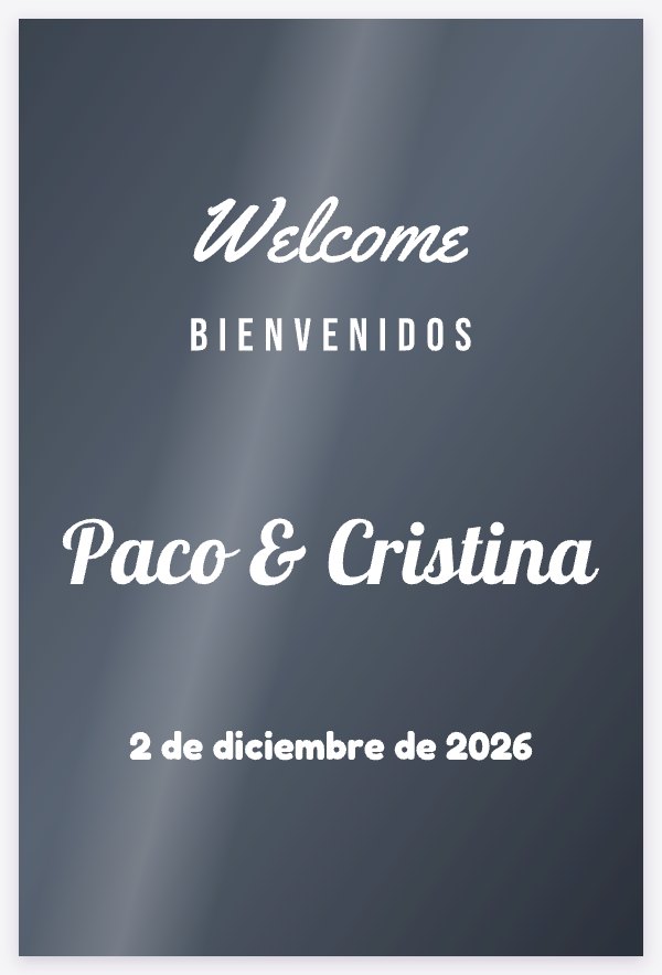 Plantilla Bilingüe: «Welcome · Bienvenidos» con nombres y fecha, sobre un espejo de boda