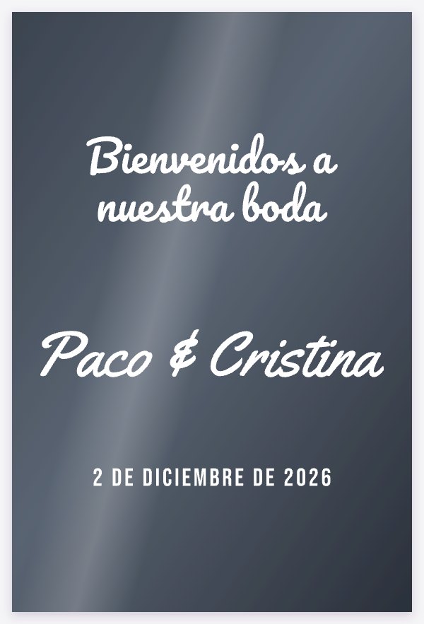 Plantilla Caligráfica: «Bienvenidos a nuestra boda» en letra manuscrita con los nombres y la fecha, sobre un espejo de boda