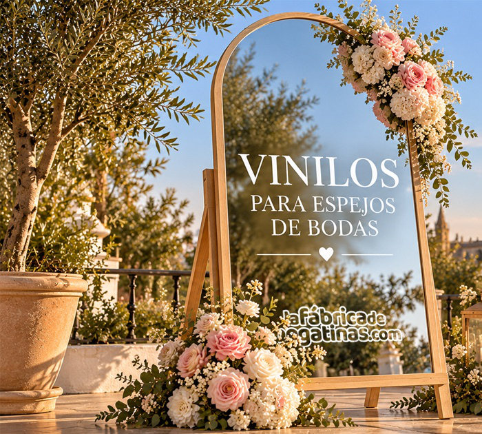 Vinilos para espejos de boda: espejo de bienvenida en arco con flores y el texto en vinilo blanco